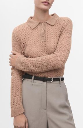 Mango Openwork Knit Polo in Medium Brown at Nordstrom, Size X-Small