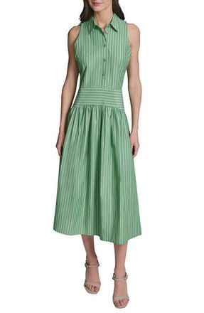 Karl Lagerfeld Stripe Sleeveless Cotton Blend Midi Shirtdress in Botanic Green/Soft White at Nordstrom, Size 10