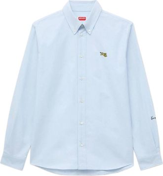 Kenzo Overhemden, Heren, Blauw, L, Katoen, Jumping Tiger Geborduurd Shirt