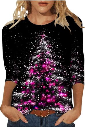 Generic Womens Christmas Tops UK Casual 3/4 Sleeve Crew Neck Tunic Shirts Funny Xmas Tree Red Wine Glass Cow Print Blouse Dressy Trendy Lightweight Holiday Cl