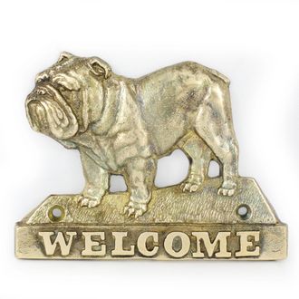 OEM Bulldog: Un Cartel Para Puerta Con Un Perro, Una Placa De Bienvenida De Lat&oacute;n, Un Cartel &Uacute;nico Con La Palabra Bienvenido De Art-dog