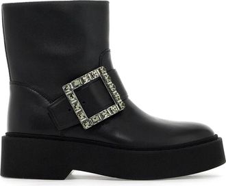 Roger Vivier Kristallen Gesp Leren Bikerlaarzen - Dames - Enkellaarsjes - Zwart - 41 EU - Leer - Schoenen