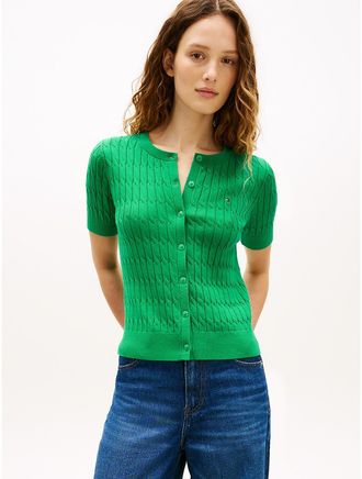 Tommy Hilfiger Womens Short-Sleeve Cable Knit Cardigan - Green - XXL