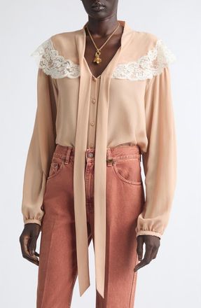 Chlo&eacute; Iconic Lace Trim Silk Georgette Shirt in Biscuit Pink at Nordstrom, Size 42