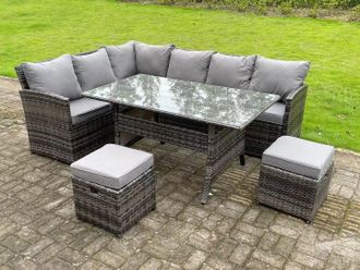 Fimous High Back Rattan Corner Sofa Set Outdoor Furniture Rectangular Dining Table 2 Small Footstools 8 Seater in Dark Grey