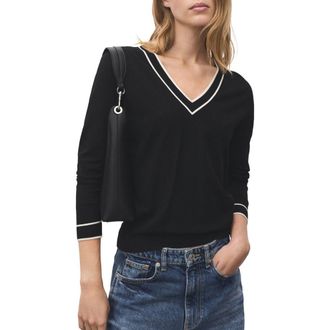 Mango Contrast V-Neck Sweater in Black at Nordstrom, Size X-Small