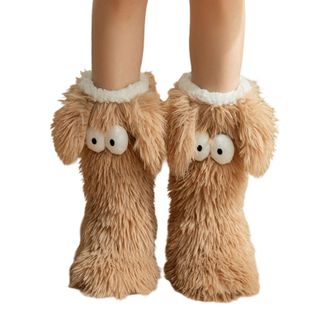 Generic Muffle Friends Cozy Socks, Womens Winter Warm Fuzzy Non-Slip Slipper Socks with Cute Big Eyes, Winter Home Socks (Coffee)