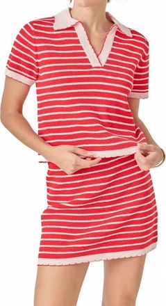 English Factory Stripe Polo Scalloped Hem Sweater In Red