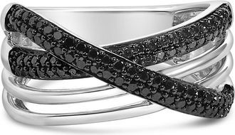 House of Brilliance Sterling Silver 1/2 Cttw Black and Blue Diamond Crossover Bypass Ring