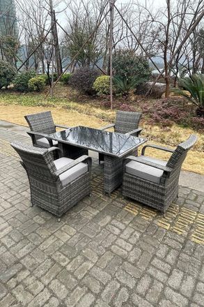Fimous 4 Seat Rattan Dining Set Table And Chair Sets PE Wicker Patio Outdoor 4 Chairs Black Tempered Glass Table
