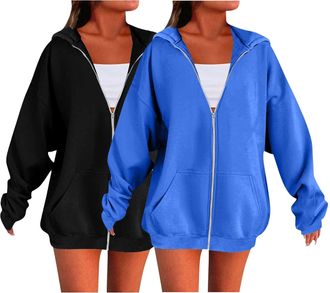 Generic 2 Piece Hoodies For Women Uk Oversized Solid Color Sweatshirts For Women Uk Ladies Zip Up Plain Hoodies Cardigans Tops Long Sleeves Casual Fashion Loo