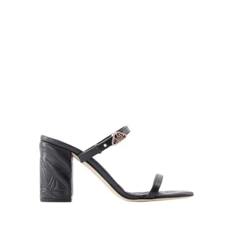 Alexander McQueen Alexander McQueen, Heeled Mules, female, Black, Size: 11 US Seal Heeled Sandals - Alexander McQueen - Leather - Black/Argent&eacute;
