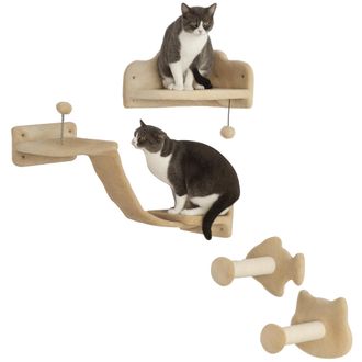 OEM Rascador De Pared Para Gatos Con 2 Postes De Sisal Plataforma Doble Con Escalera Suave Y 1 Plataforma Para Saltar Beige
