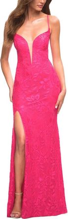 La Femme Hot Pink Stretch Lace Prom Dress with Deep V Neckline at Nordstrom, Size 10