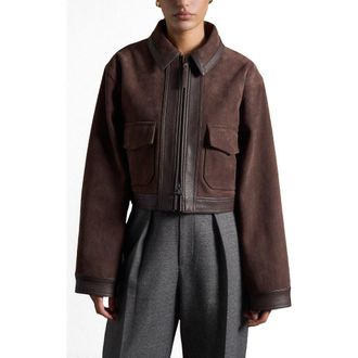 Mani&egrave;re De Voir Denise Suede & Pebbled Leather Jacket in Brown at Nordstrom, Size 12
