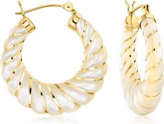 Ross-Simons Carved Mother-Of-Pearl Hoop Earrings With 14kt Yellow Gold