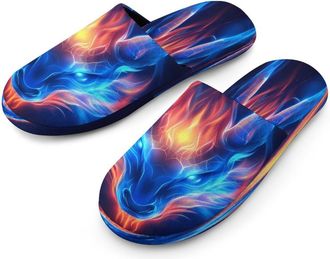 Generic Dragon Head with Flame Mens Cotton Slippers Memory Foam Comfort House Shoes Winter Indoor Slipper for Hotel Casa Spa