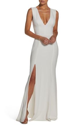 Dress The Population Sandra Plunge Crepe Trumpet Gown in Off White at Nordstrom, Size Xx-Small