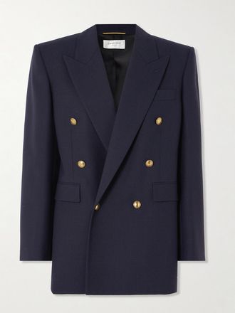 Saint Laurent Blazer Doppiopetto Oversize In Lana Grain De Poudre - Blu