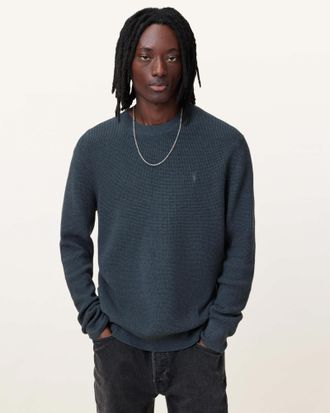 AllSaints Mens Cotton Aspen Waffle Texture Crew Neck Ramskull Jumper, Size: XXL