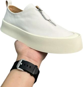 Generic ZBDP Fashion Men Zipper Loafers Thick Platform Cowhide Casual Shoes Vintage Outside Joggers Sneakers Skateboard Shoes Beige White