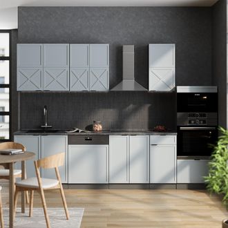 Vicco Mueble De Cocina Fame-line, Azul Claro-gris/antracita, 300 Cm Con Armario Alto, Sin Encimera, Vicco