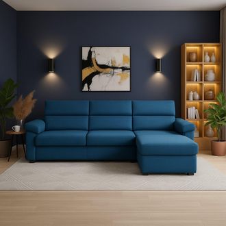 Dmora Sof&aacute; Fijo Con Chaise Longue Ceto, Desenfundable, Reversible Made In Italy, Hidr&oacute;fugo Multiposici&oacute;n, 285x160 Cm Azul