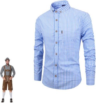 Generic Classic German Trachten Checked Shirt for Men Long Sleeve Oktoberfest Costume Bavarian Slim Fit Plaid Check Shirts with Button Down Front and Chest Po