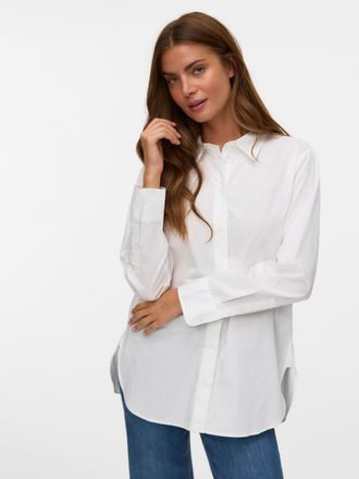 Vero Moda Hemdbluse VERO MODA VMELINA LS SHIRT WVN NOOS, Damen, Gr. L, hellwei&szlig;, Web, Obermaterial: 100% Baumwolle, unifarben, bequem Po-bedeckend, 2-Knopf-Mans