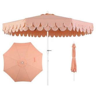 Jonathan Y Designs Tracy 9 ft. Classic MidCentury Scalloped Fringe Market Patio Umbrella with Auto-Tilt, Crank, Wind Vent and UV Protection in Pink/white