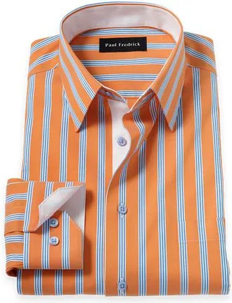 Paul Fredrick Cotton Spandex Point Collar Pinpoint Classic Contrast Trim Button Cuff Long Sleeve in Melon/blue at Nordstrom, Size 17 X 35
