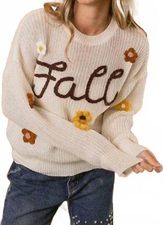 Bibi Fall Yarn Stitching Letter And Flower Applique Sweater In Oatmel