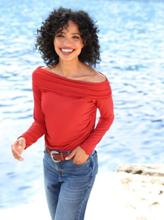 Heine Langarmshirt HEINE Shirt, Damen, Gr. 34, erdbeere, 95% Viskose, 5% Elasthan, unifarben, Carmenausschnitt, Shirts Langarmshirt