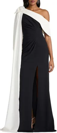 Tadashi Shoji Bow Cape Detail One-Shoulder Gown in Black/Ivory at Nordstrom, Size X-Small