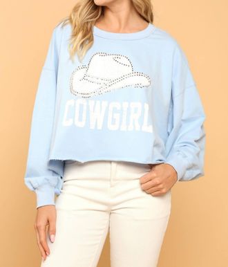 Peach Love California Cowgirl Cropped Rhinestone Sweatshirt In Baby Blue