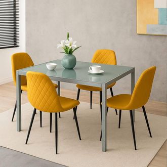 Kosy Koala Modern Grey Glass Dining Table Set with 4 Mustard Faux Leather Chairs | Size: 120 cm x 70 cm