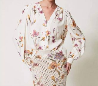 Twin-Set Cr&ecirc;pe De Chine Floral Shirt In Multicolour/mother Of Pearl Iris Print