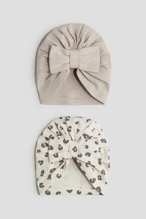 H&M 2-pack Knot-detail Hats in Light Beige/leopard Print at Nordstrom, Size 9-12 M