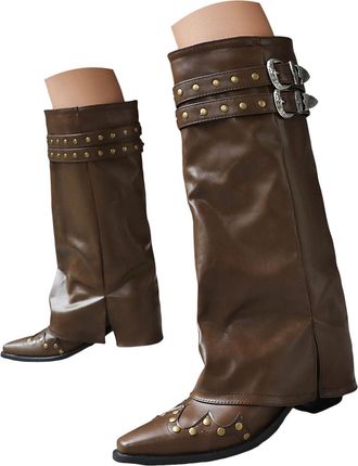 Generic Flod Over Boots for Women Slouchy Metal Buckle Knee High Boot Pointed Toe Chunky Block Heel Pull on Wide Calf Boots Brown