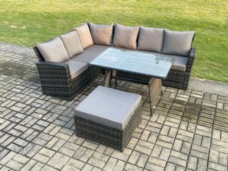 Fimous Outdoor Furniture Garden Dining Set Rattan Corner Sofa Set with Rectangular Dining Table Big Footstool in Dark Grey