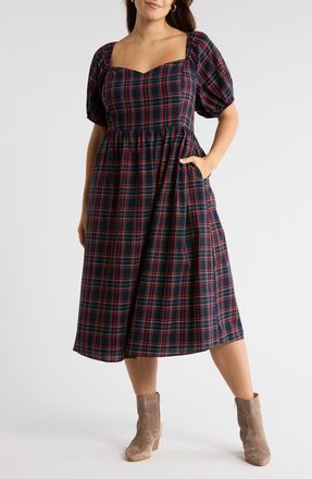 Sugarlips Arvada Plaid Puff Sleeve Dress in Navy-Multi at Nordstrom, Size 2X