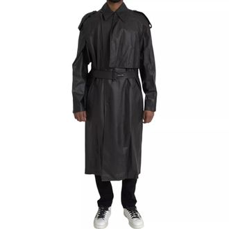 Bottega Veneta Black Leather Men Waterproof Trenchcoat Jacket Calf Clothing