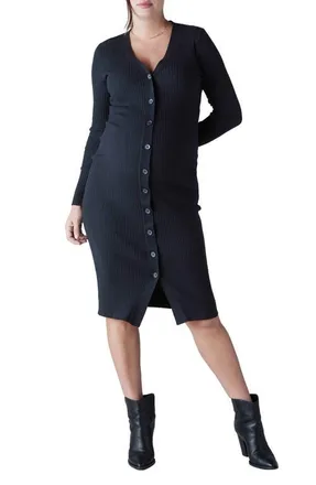 Ingrid & Isabel Rib Button-Up Long Sleeve Maternity Sweater Dress in Black Onyx at Nordstrom, Size X-Large