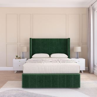 Sloomy Melbourne Upholstered Wingback Bed Set With No Drawers & 54 Floor standing Headboard -Plush Velvet in Emerald | Size: Single