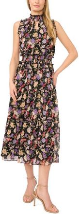 CeCe by Cynthia Steffe Floral Mock Neck Midi Dress in Rich Black at Nordstrom, Size Xx-Large