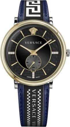 Versace V-circle Multifunction Leren Horloge - Heren - Horloges - Blauw - ONE Size - Accessoires