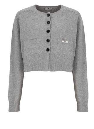 Elisabetta Franchi Grey Cropped Lacquered Buttons Wool Cardigan