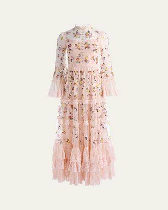 Alice & Olivia Allegra Floral Embellished Ruffle-Hem Dress