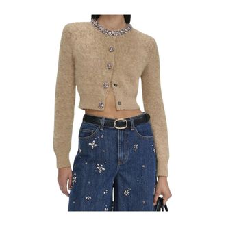 Self Portrait Truien & Vesten, Dames, Bruin, S, Wol, Geborduurde Cardigan met Sierrand