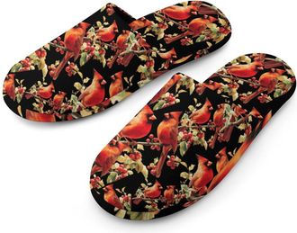 Generic Cardinal Funny Birds Flannel Mens Slip-on Slippers Winter Warm House Shoes with Rubber Sole for Home Hotel
